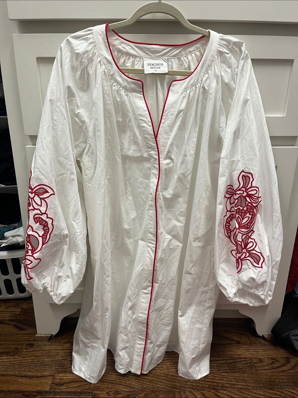 Hyacinth House White Long-Sleeve Embroidered Tunic Dress with Red Trim